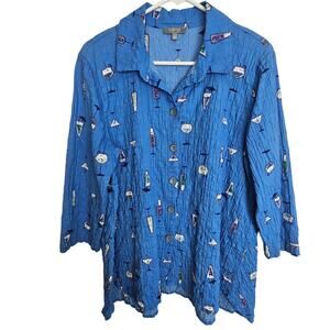 Habitat Blouse Women S Art to Wear Blue Crinkle Button Wine Artsy Seersucker